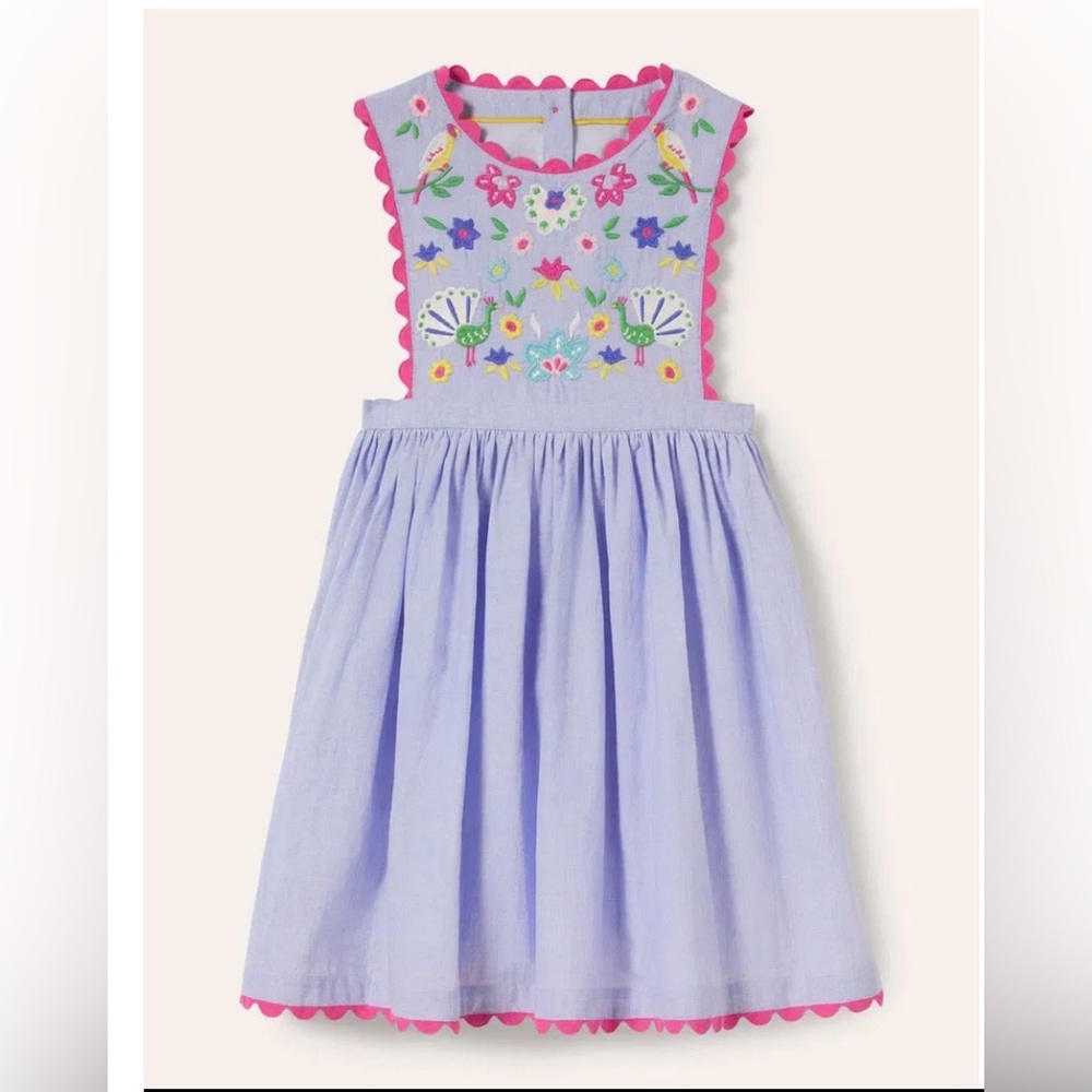 Mini Boden Woven Pinafore Dress chambray blue with pink Ric rac 2/3 EUC